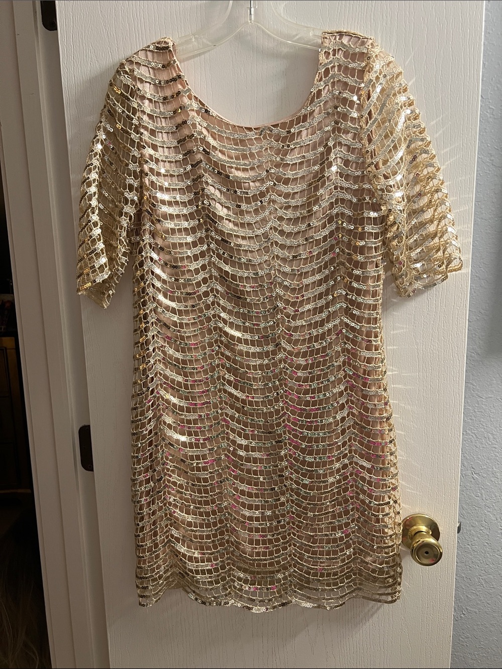 Gold Sequin Mini Dress with Nude Underlay